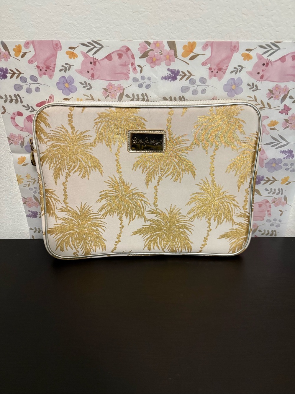 Lilly Pulitzer Cream laptop padded carrier case sleeve with Gold Palm Print. PO